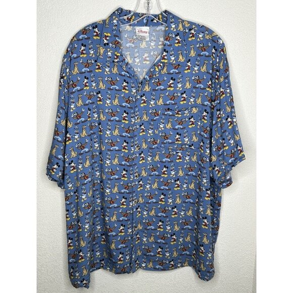 Vintage Disney Store Shirt Mens Large Blue Rayon Hawaiian Mickey Goofy Daffy L - Picture 2 of 9